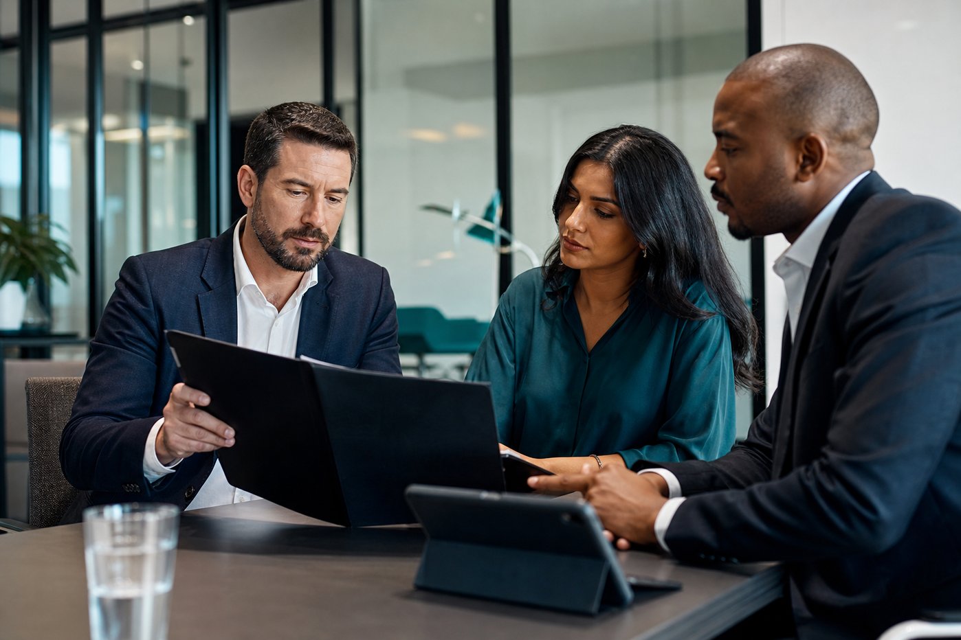 People in a meeting reading an NDA file
