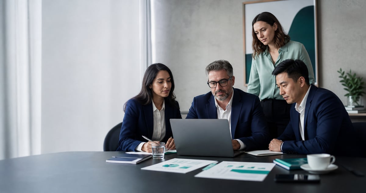 people looking at laptop screen in meeting