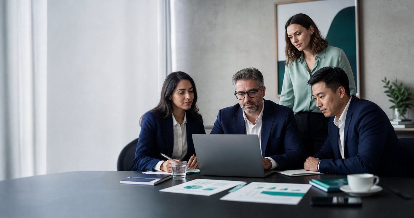 people looking at laptop screen in meeting