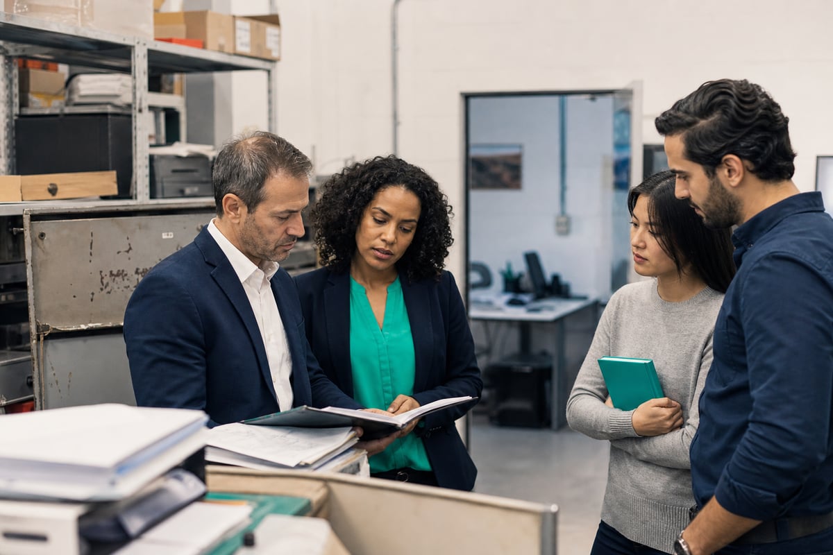 people talking about buying a business looking at a file