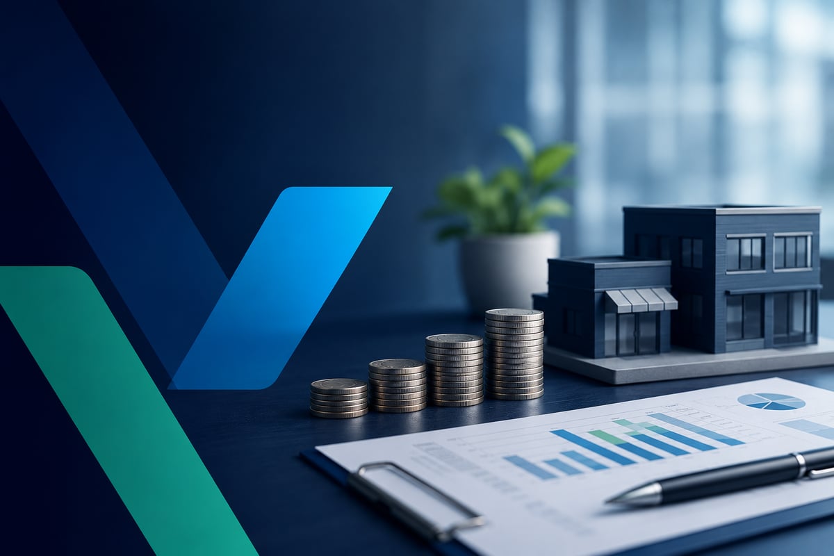 Business acquisition finance concept with stacked coins, a commercial building model and financial reports in a modern office.