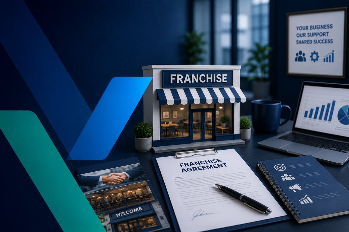 Professional franchise business workspace featuring a miniature branded storefront, franchise agreement, planning notebook, laptop with growth charts, and partnership imagery in a modern blue-toned office setting.