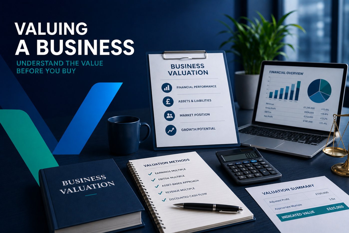 Professional business valuation workspace featuring financial reports, valuation documents, calculator, laptop displaying analytics, and business planning materials on a modern blue-toned desk with subtle corporate branding elements and a blurred office background.