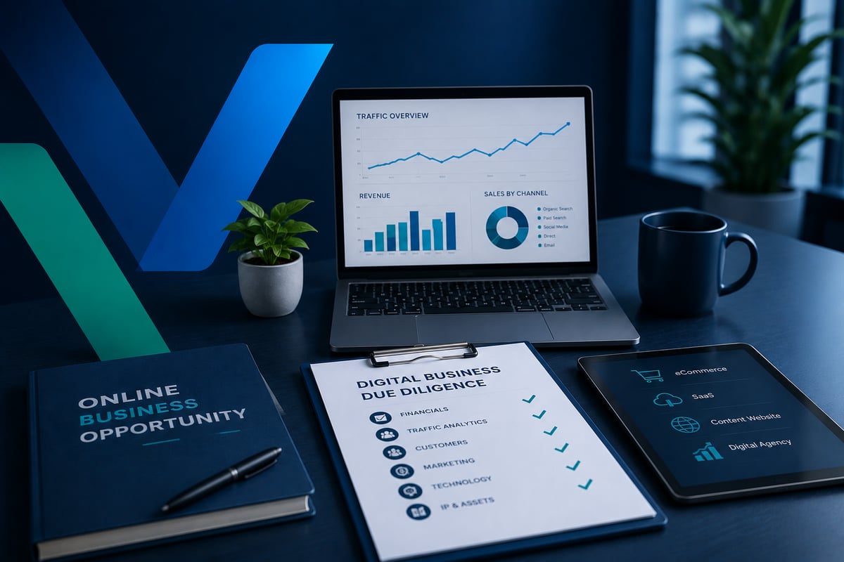 Modern digital business workspace featuring a laptop displaying website analytics, online business planning documents, tablet, notebook and coffee mug on a sleek blue-toned desk with subtle corporate branding and a blurred office background.