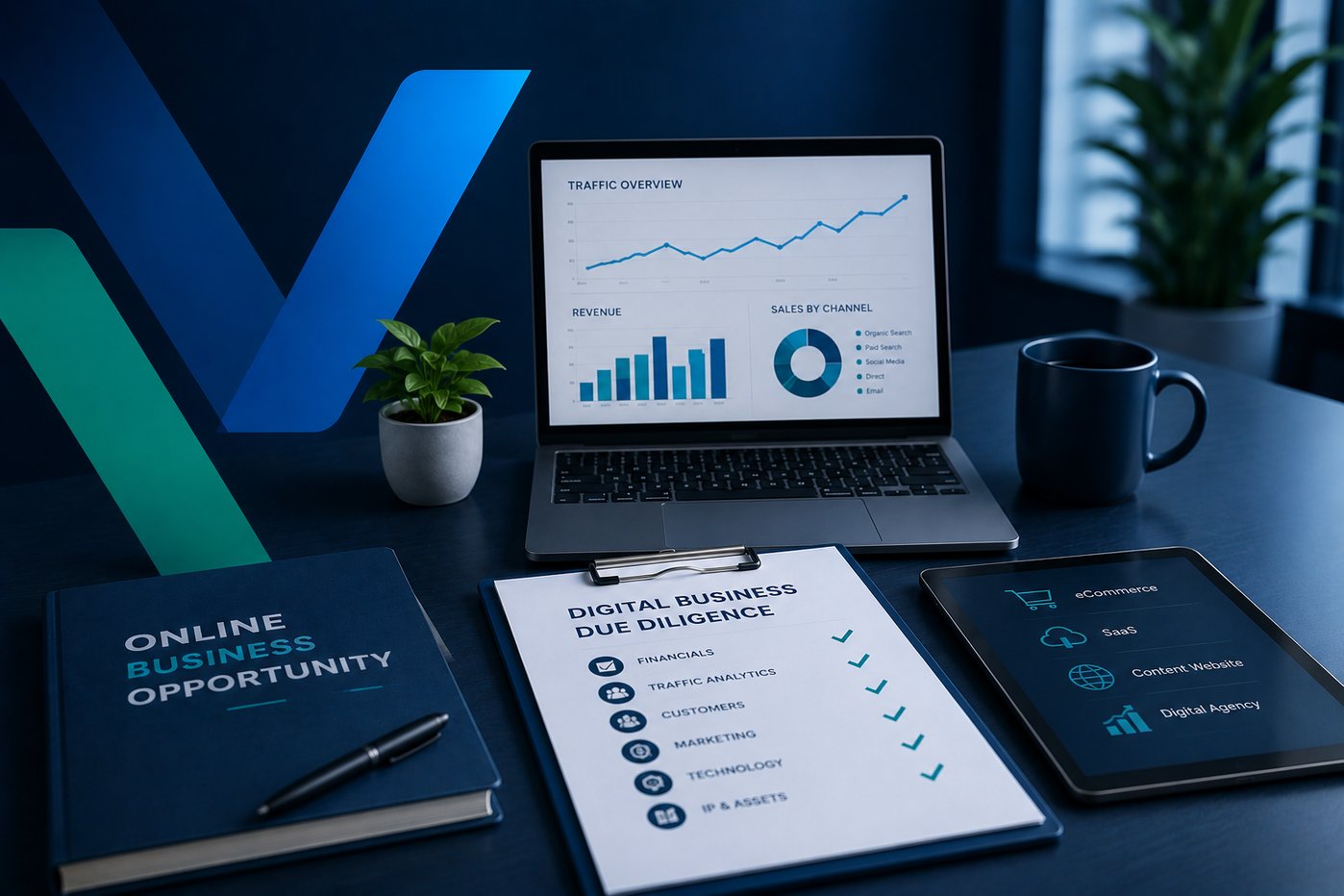 Modern digital business workspace featuring a laptop displaying website analytics, online business planning documents, tablet, notebook and coffee mug on a sleek blue-toned desk with subtle corporate branding and a blurred office background.