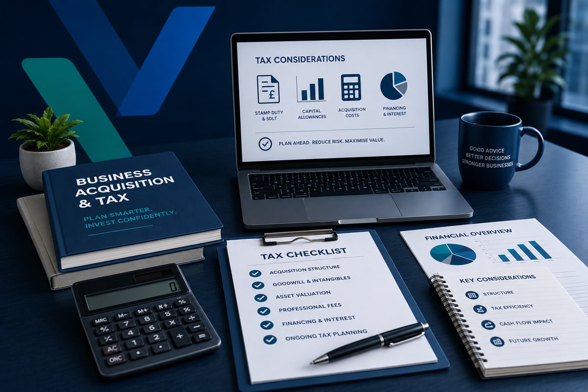 Professional business tax planning workspace featuring a laptop with financial charts, calculator, tax planning documents, notebook and business reports on a modern blue-toned desk with subtle corporate branding and a blurred office background.
