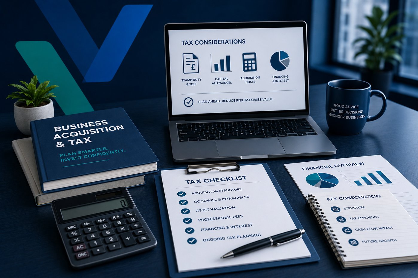 Professional business tax planning workspace featuring a laptop with financial charts, calculator, tax planning documents, notebook and business reports on a modern blue-toned desk with subtle corporate branding and a blurred office background.