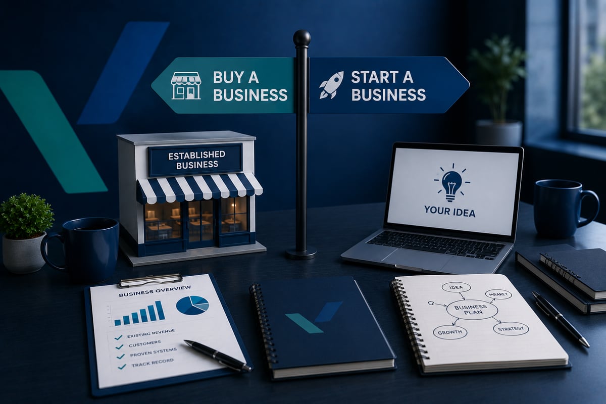 Professional business decision workspace featuring a signpost indicating buying an existing business or starting a new business, alongside a model storefront, laptop, business documents and notebook in a modern blue-toned office setting.