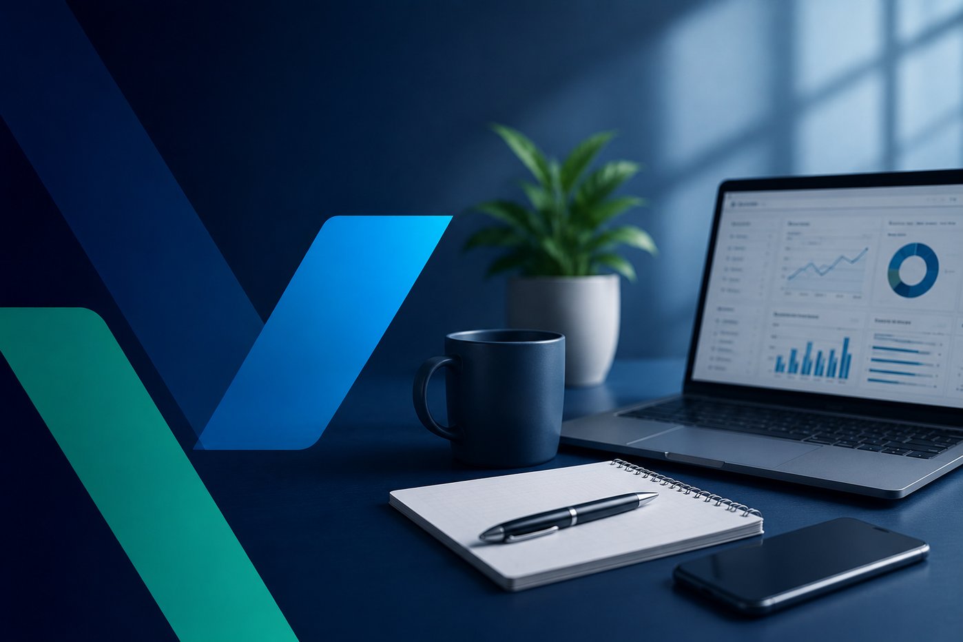 Modern corporate workspace with a laptop displaying analytics dashboards, a notebook, smartphone, coffee mug, and potted plant on a dark blue desk, featuring abstract blue and teal geometric branding elements against a softly blurred office background.