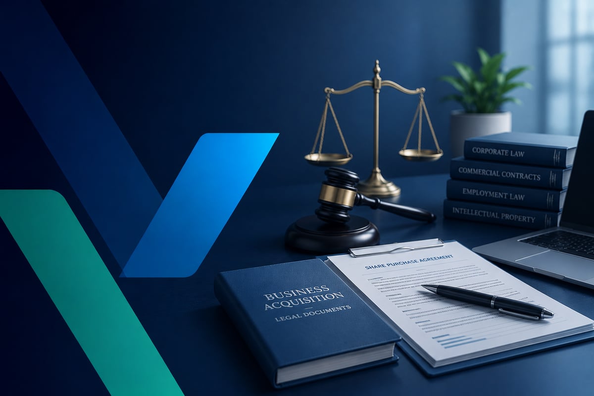 Professional business acquisition workspace featuring legal documents, a business acquisition handbook, scales of justice, gavel, laptop, and corporate law books on a modern blue-toned desk with abstract branding elements and a blurred office background.