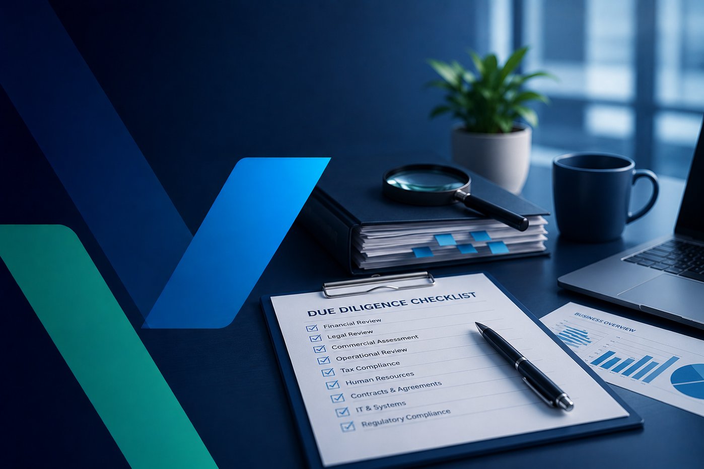 Professional due diligence workspace featuring a business due diligence checklist, financial reports, magnifying glass, laptop, and organised document folders on a modern blue-toned desk with abstract corporate branding elements and a blurred office background.
