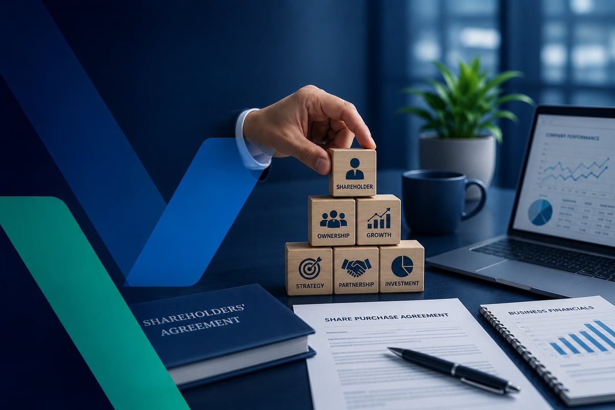 Professional business ownership concept featuring stacked wooden blocks representing shareholder, ownership, growth, partnership and investment, alongside a shareholder agreement, share purchase documents, financial reports and a laptop in a modern blue-toned corporate office setting.