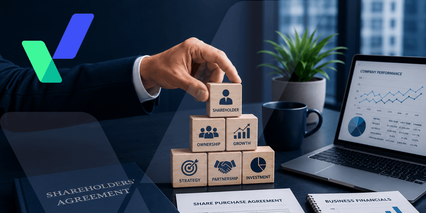 Professional business ownership concept featuring stacked wooden blocks representing shareholder, ownership, growth, partnership and investment, alongside a shareholder agreement, share purchase documents, financial reports and a laptop in a modern blue-toned corporate office setting.