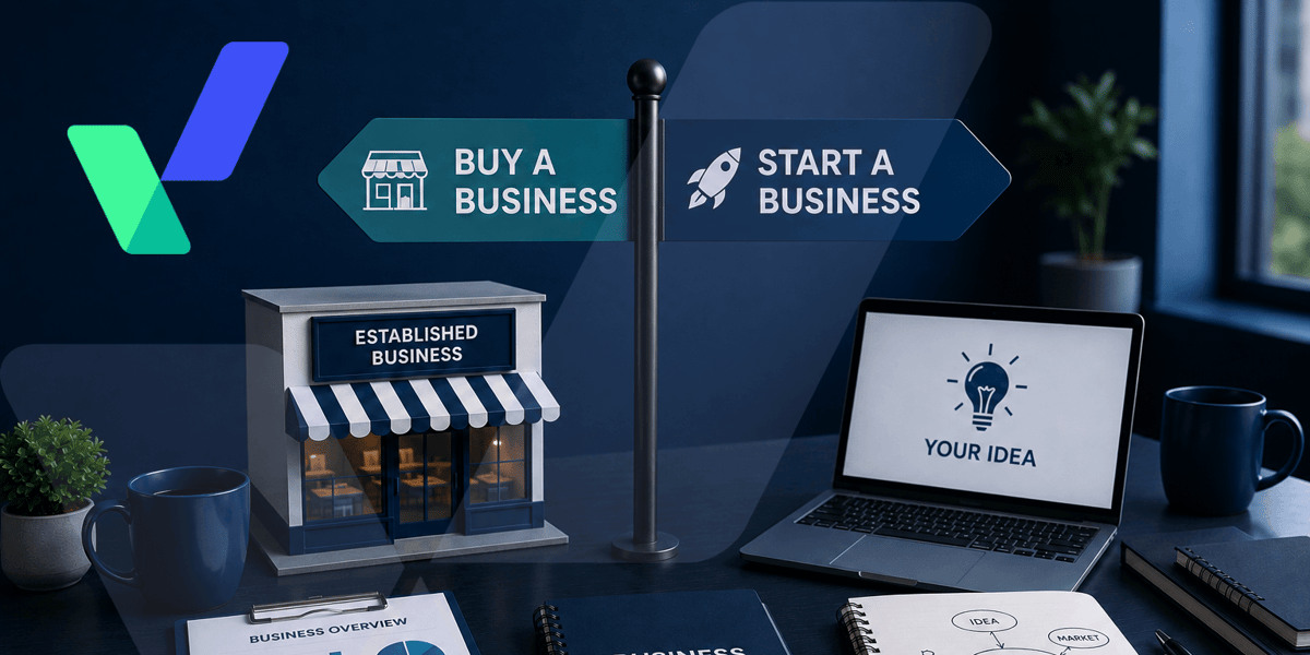 Professional business decision workspace featuring a signpost indicating buying an existing business or starting a new business, alongside a model storefront, laptop, business documents and notebook in a modern blue-toned office setting.