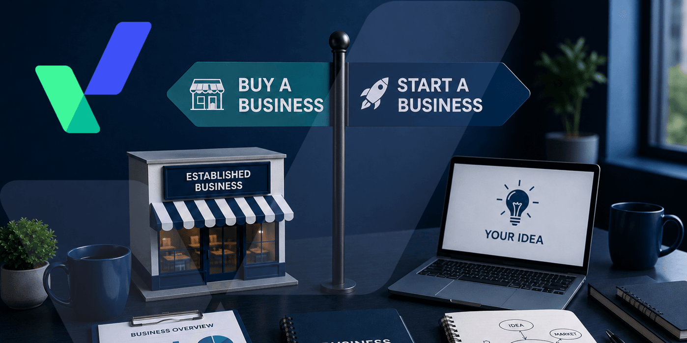 Professional business decision workspace featuring a signpost indicating buying an existing business or starting a new business, alongside a model storefront, laptop, business documents and notebook in a modern blue-toned office setting.