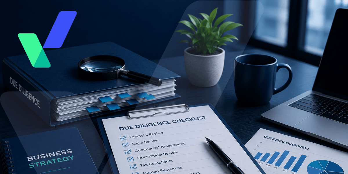 Professional due diligence workspace featuring a business due diligence checklist, financial reports, magnifying glass, laptop, and organised document folders on a modern blue-toned desk with abstract corporate branding elements and a blurred office background.