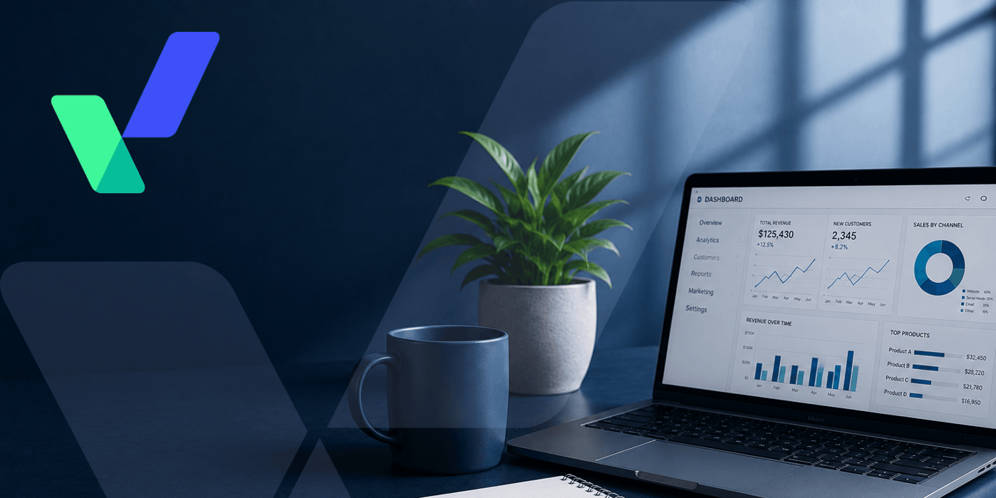 Modern corporate workspace with a laptop displaying analytics dashboards, a notebook, smartphone, coffee mug, and potted plant on a dark blue desk, featuring abstract blue and teal geometric branding elements against a softly blurred office background.