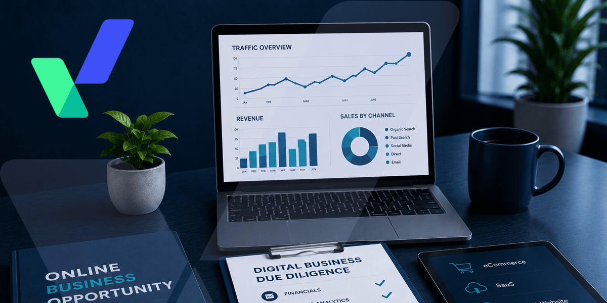 Modern digital business workspace featuring a laptop displaying website analytics, online business planning documents, tablet, notebook and coffee mug on a sleek blue-toned desk with subtle corporate branding and a blurred office background.