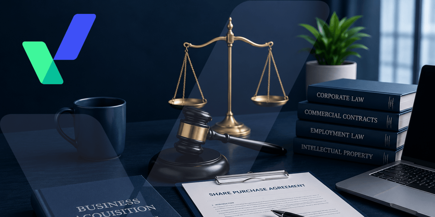Professional business acquisition workspace featuring legal documents, a business acquisition handbook, scales of justice, gavel, laptop, and corporate law books on a modern blue-toned desk with abstract branding elements and a blurred office background.