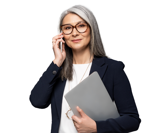 Businesswoman with glasses holding a laptop